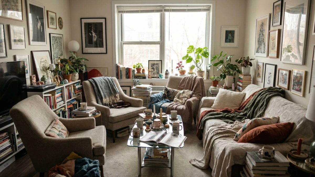 Phòng khách nhỏ bày trí lộn xộn nhiều đồ nội thất gây chật chội và rối mắt