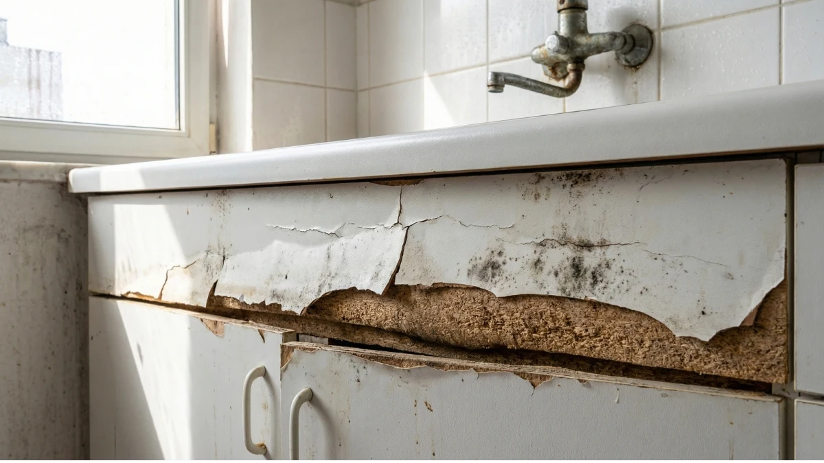 Tủ bếp xuống cấp ẩm mốc do sử dụng vật liệu kém chất lượng trong thi công nội thất