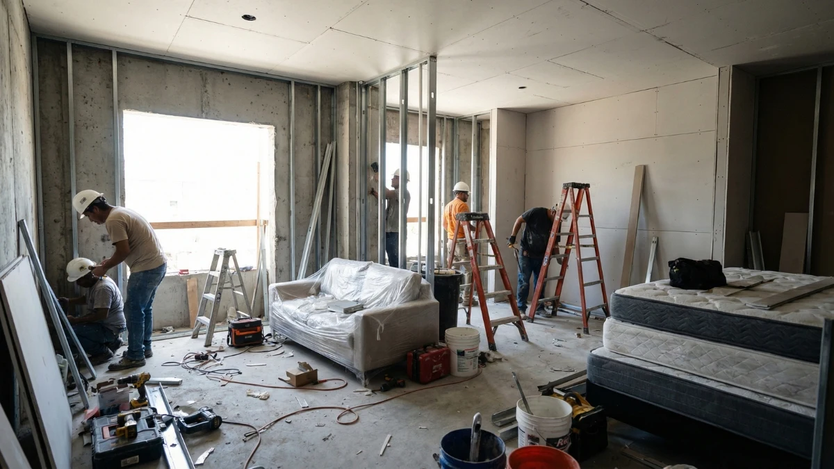 Công trình nội thất đang thi công phần thô với hệ vách và kết cấu chưa hoàn thiện