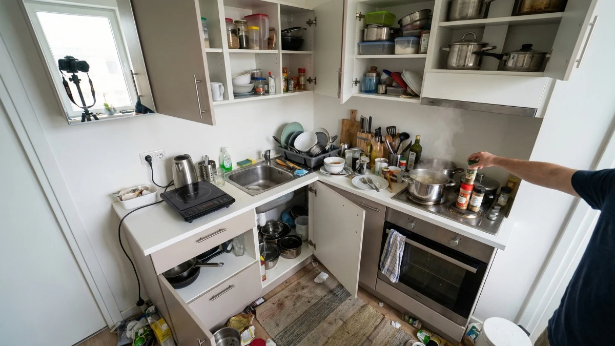 Không gian bếp nhỏ thiếu tối ưu công năng gây bừa bộn và bất tiện khi sử dụng