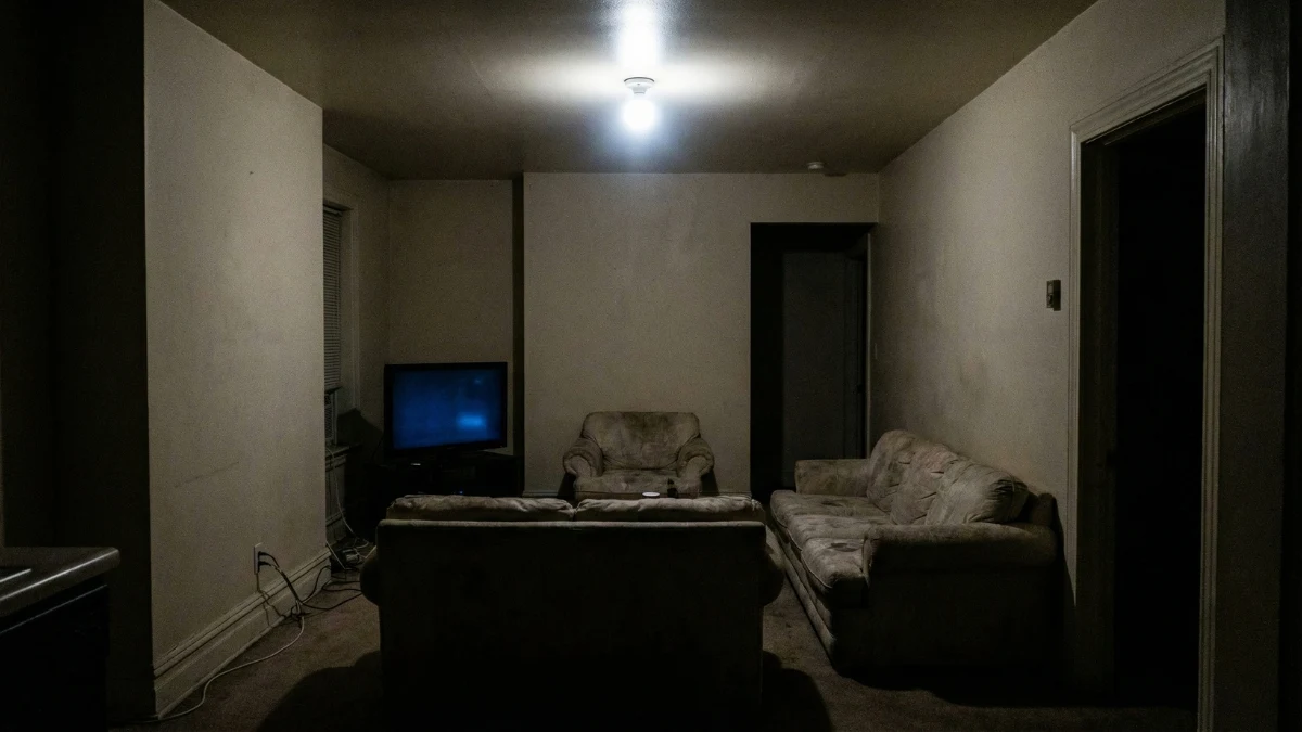 Phòng khách thiếu ánh sáng tự nhiên và ánh sáng nhân tạo gây cảm giác tối và bí