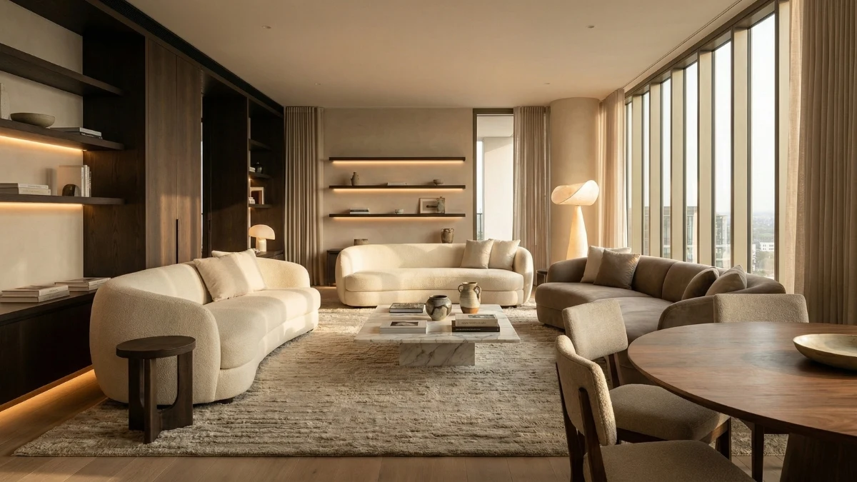 Thi công nội thất phòng khách cao cấp phong cách hiện đại với ánh sáng và vật liệu hài hòa