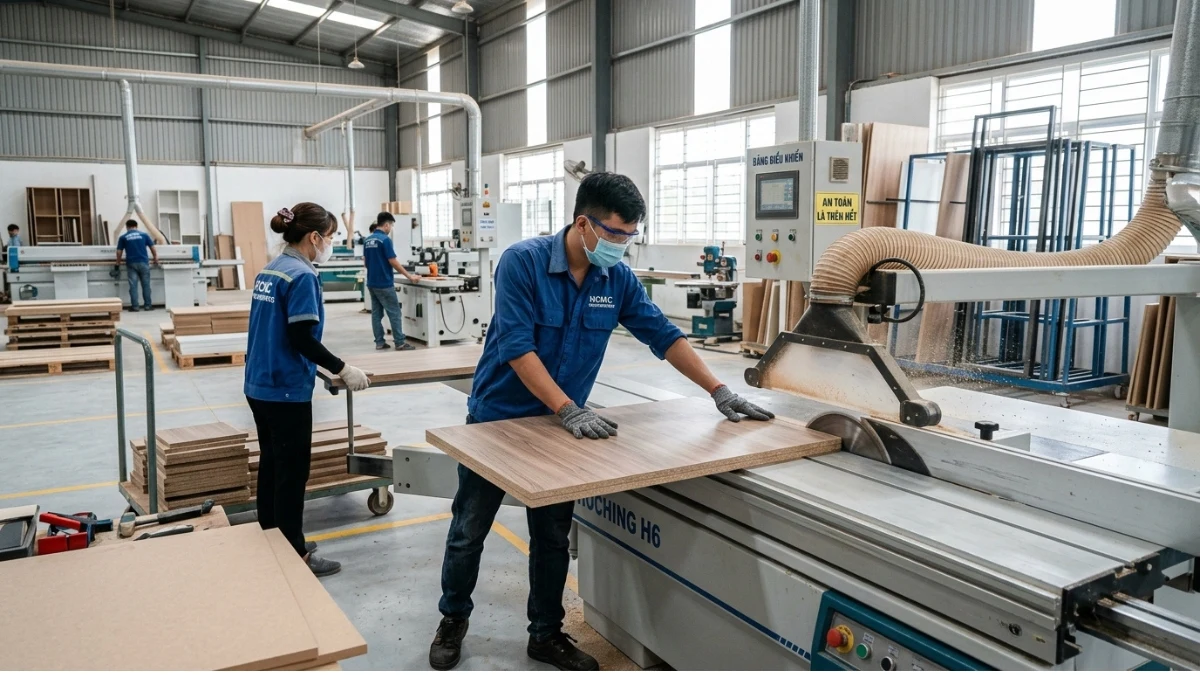 sản xuất nội thất gỗ công nghiệp tại xưởng thi công
