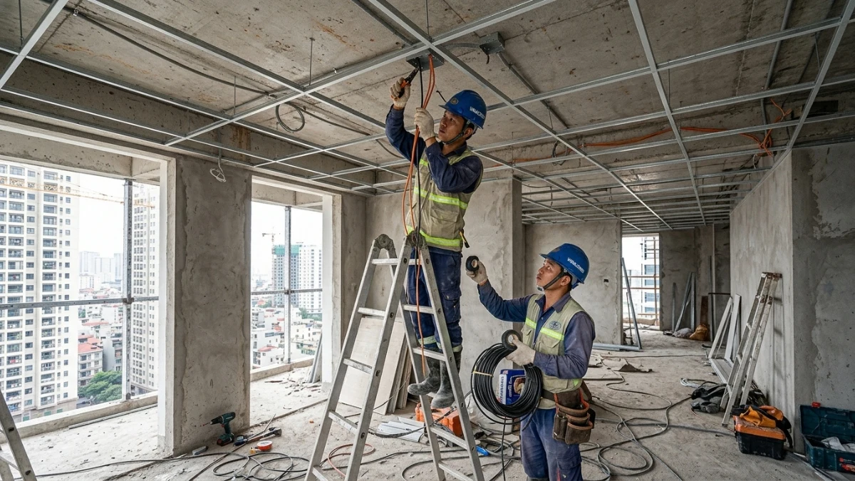 thi công điện nước trần thạch cao trong nội thất chung cư