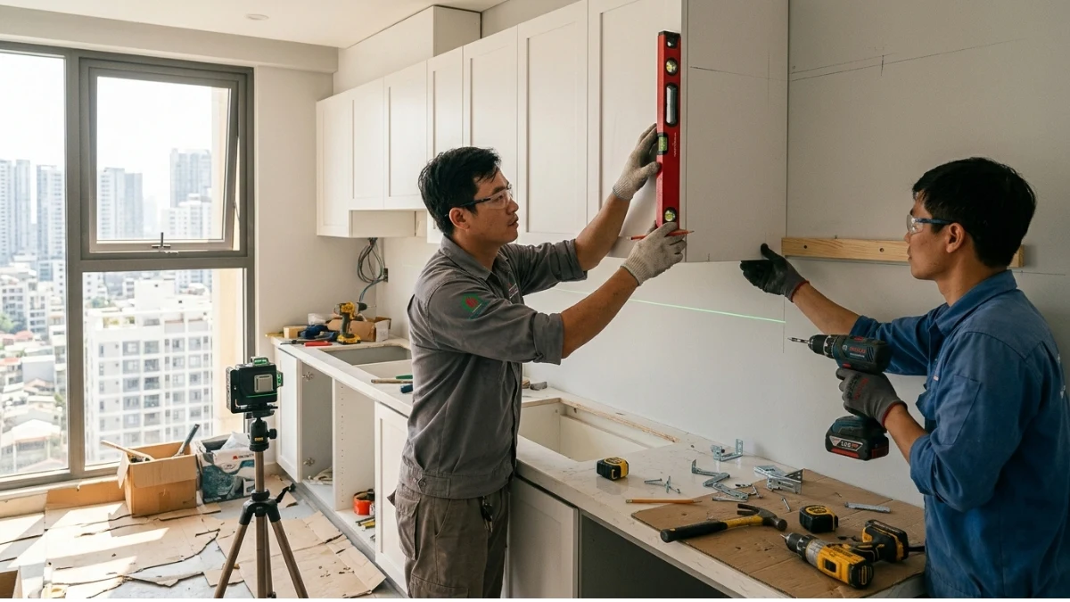 lắp đặt tủ bếp và nội thất tại công trình chung cư