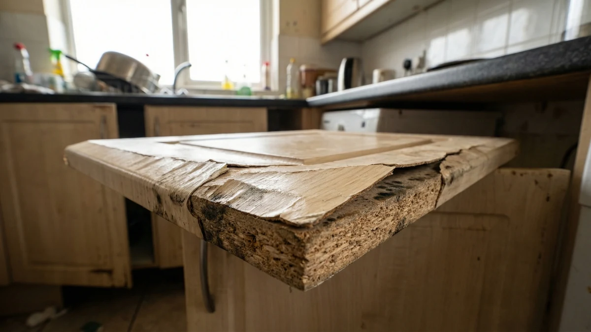 gỗ công nghiệp MDF bị phồng rộp bong tróc do sử dụng vật liệu kém chất lượng