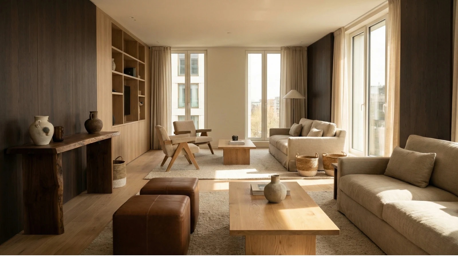 không gian nội thất chung cư cao cấp sử dụng gỗ công nghiệp và gỗ tự nhiên hài hòa