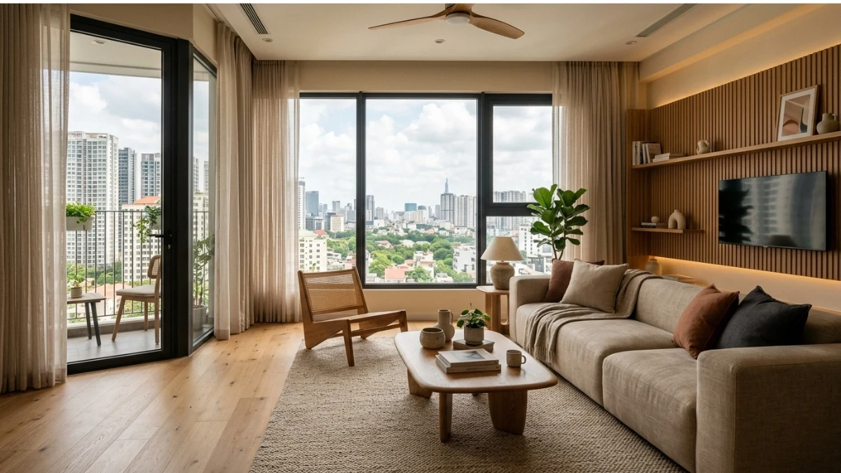 nội thất hiện đại phòng khách chung cư cao cấp tone ấm