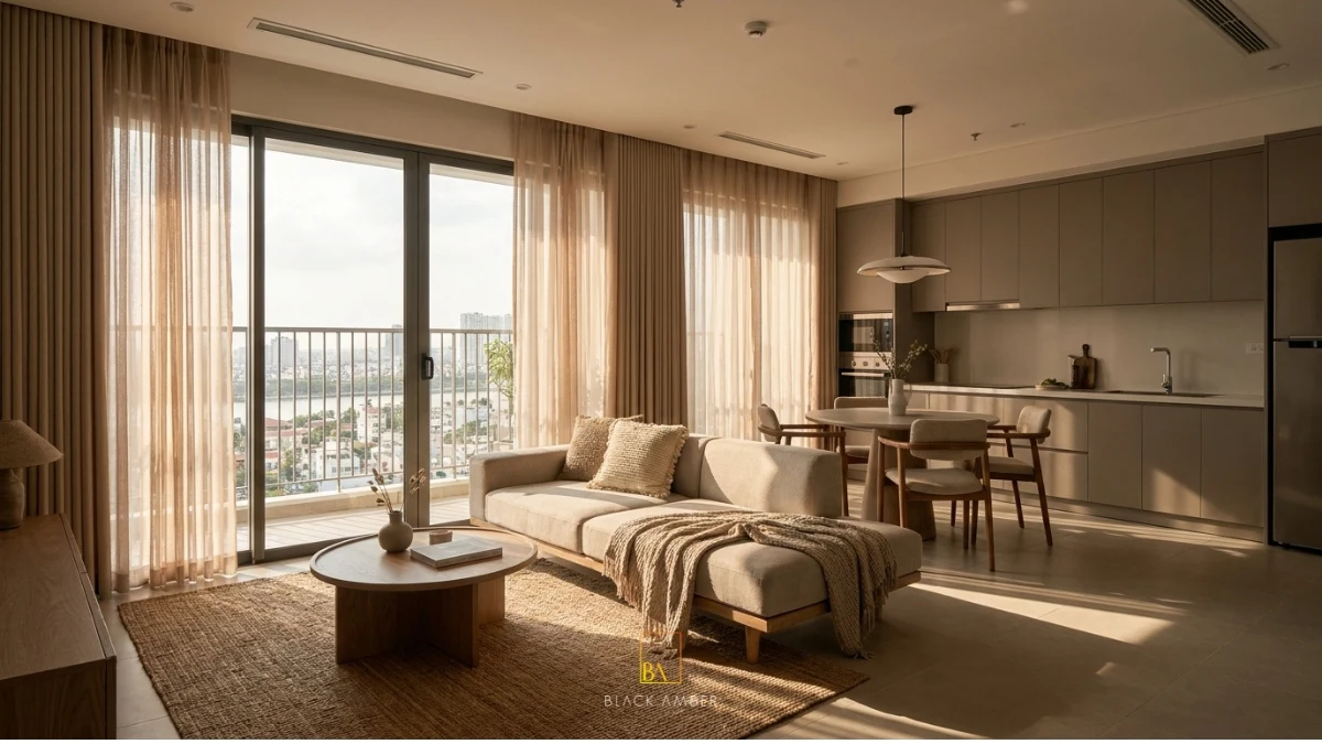 nội thất căn hộ Đà Nẵng hoàn thiện đồng bộ phòng khách bếp và bàn ăn
