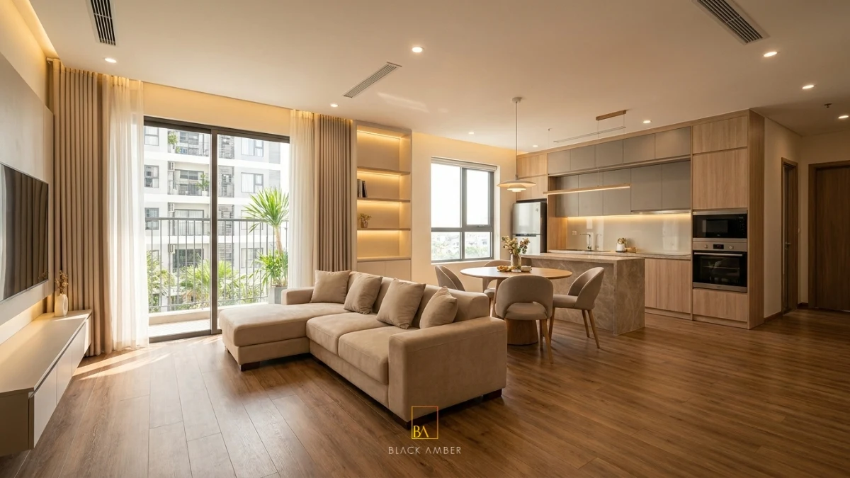 thiết kế nội thất căn hộ Đà Nẵng phòng khách liên thông bếp