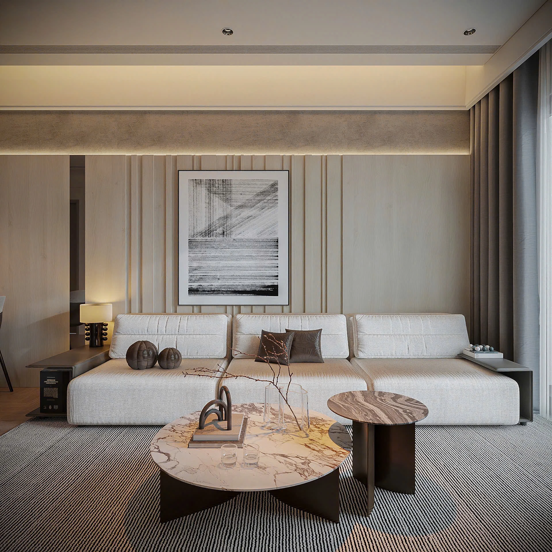nội thất Sun Cosmo Residence Đà Nẵng phòng khách hiện đại tone ấm
