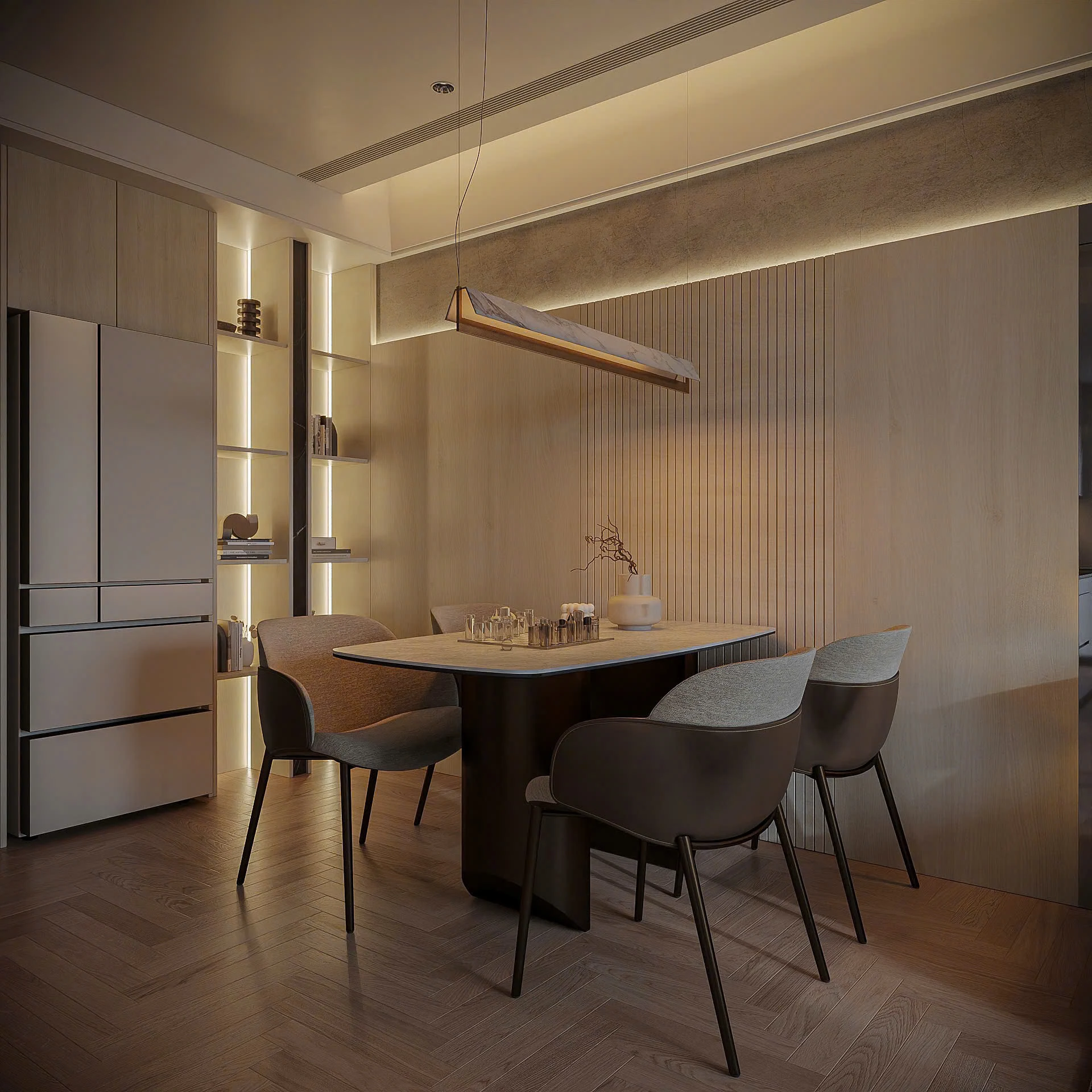 bàn ăn căn hộ Sun Cosmo Residence với ánh sáng ấm và vách gỗ