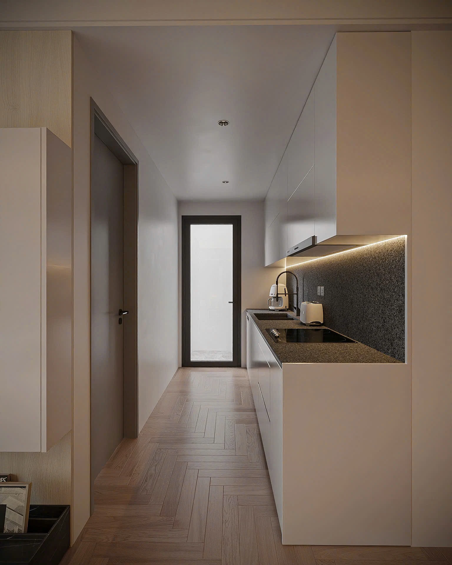 khu bếp Sun Cosmo Residence với mặt đá tối và tủ bếp hiện đại