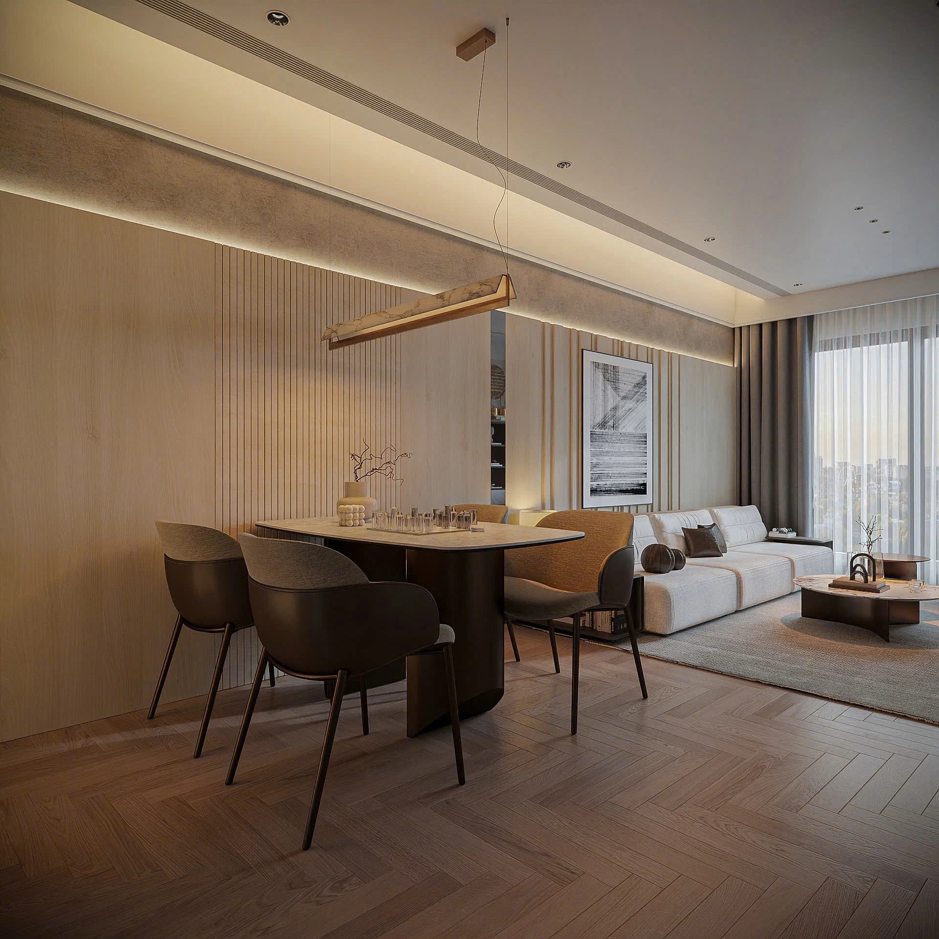 thiết kế nội thất Sun Cosmo Residence phòng khách liên thông bàn ăn