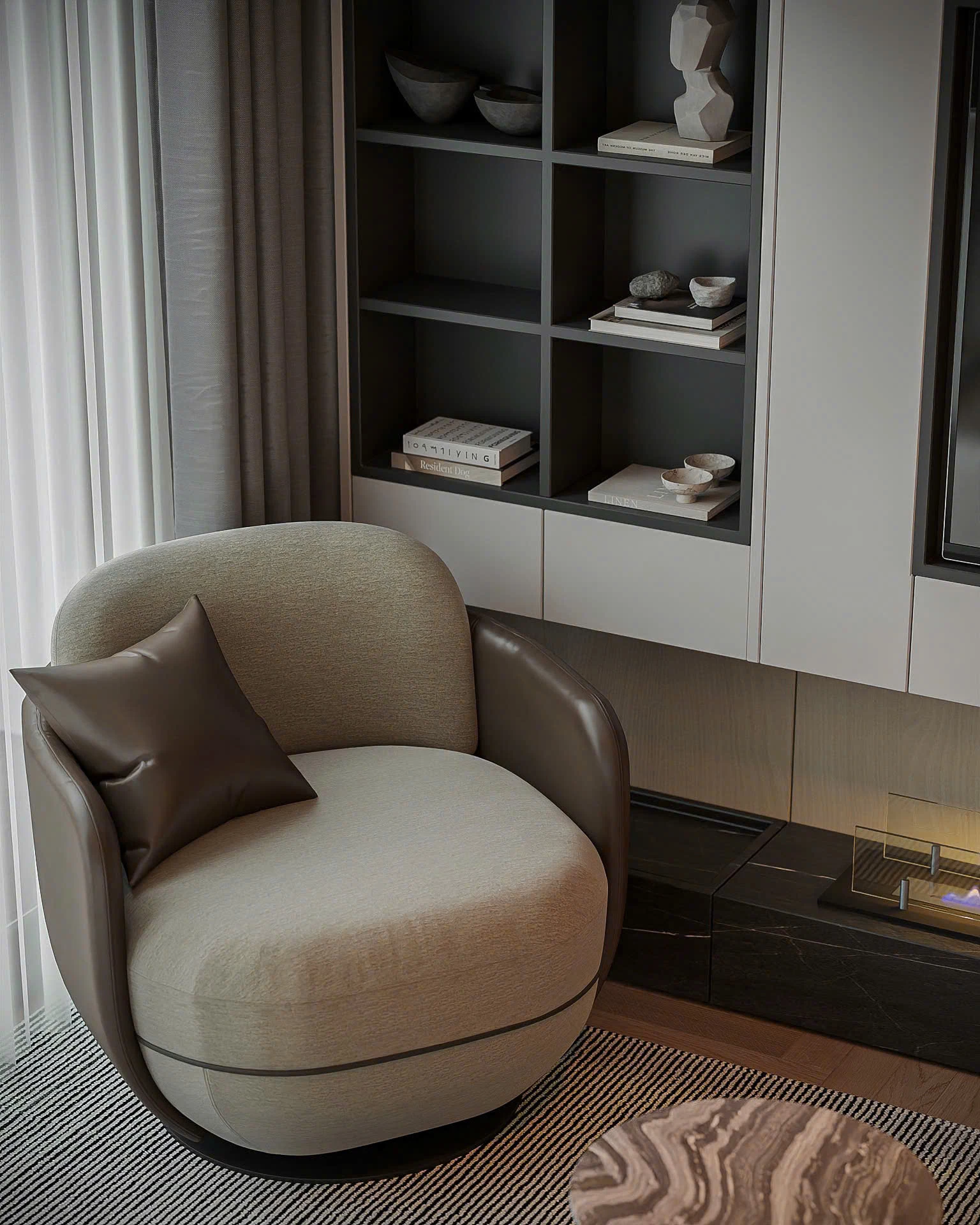 góc thư giãn căn hộ Sun Cosmo Residence với ghế đơn và tủ trang trí